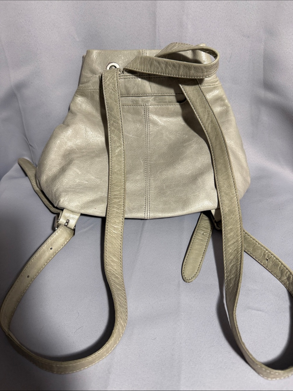 HOBO Leather Drawstring Backpack in Light Gray - Picture 2 of 6